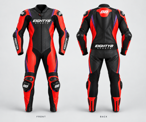 Custom Leather Race Suit in Red, front and back view
