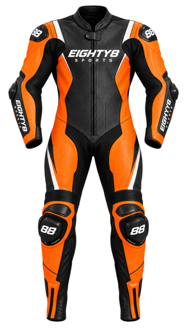 Storm Leather Race Suit in Orange, front view