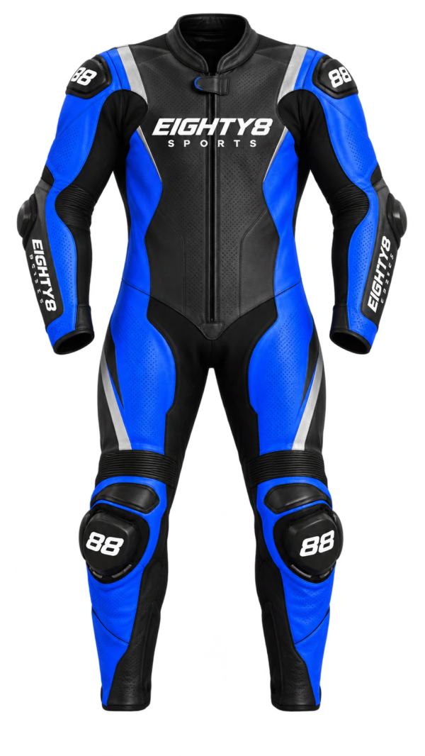 Vortex Leather Race Suit in Blue, front view