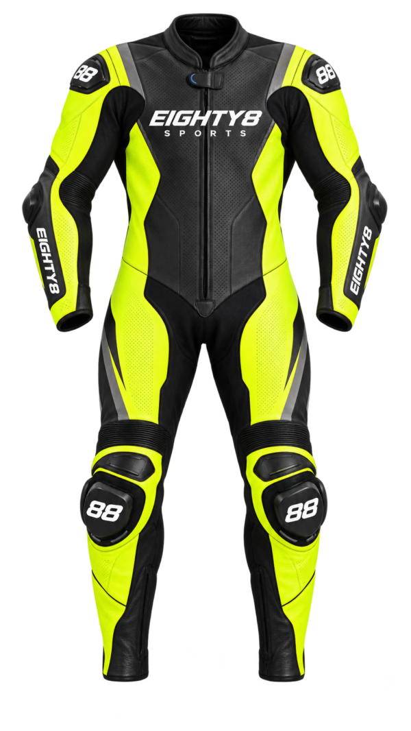 Titan Leather Race Suit in Fluo yellow, front view